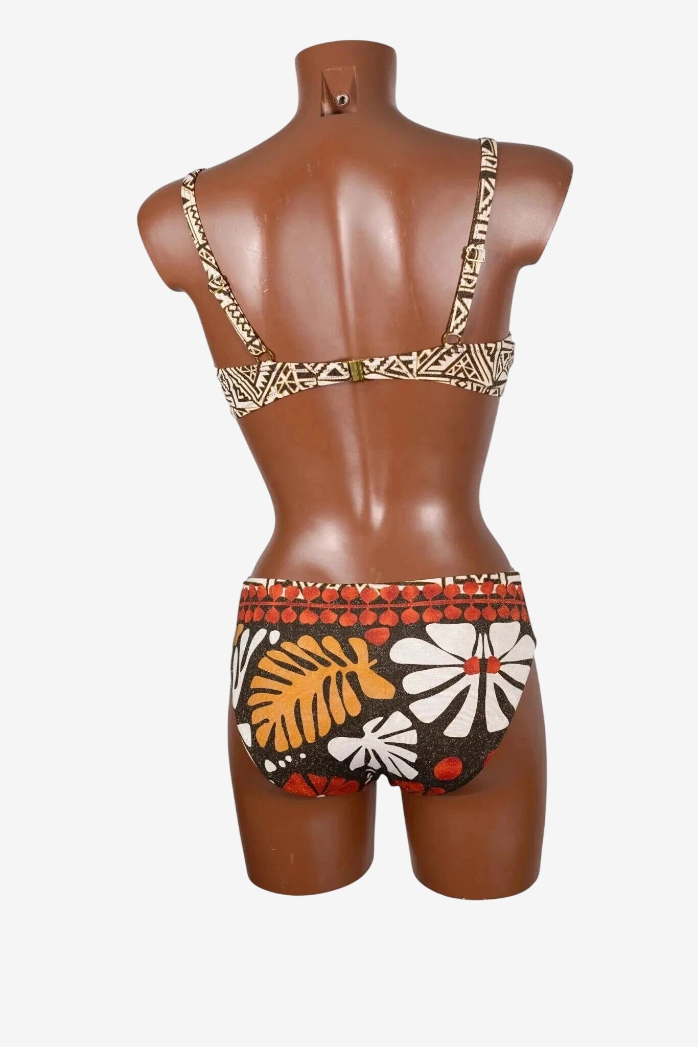 A back view of a bikini set featuring a geometric print top and a floral patterned bottom.