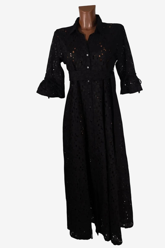 A black midi-length shirt dress in eyelet lace fabric with three-quarter bell sleeves.