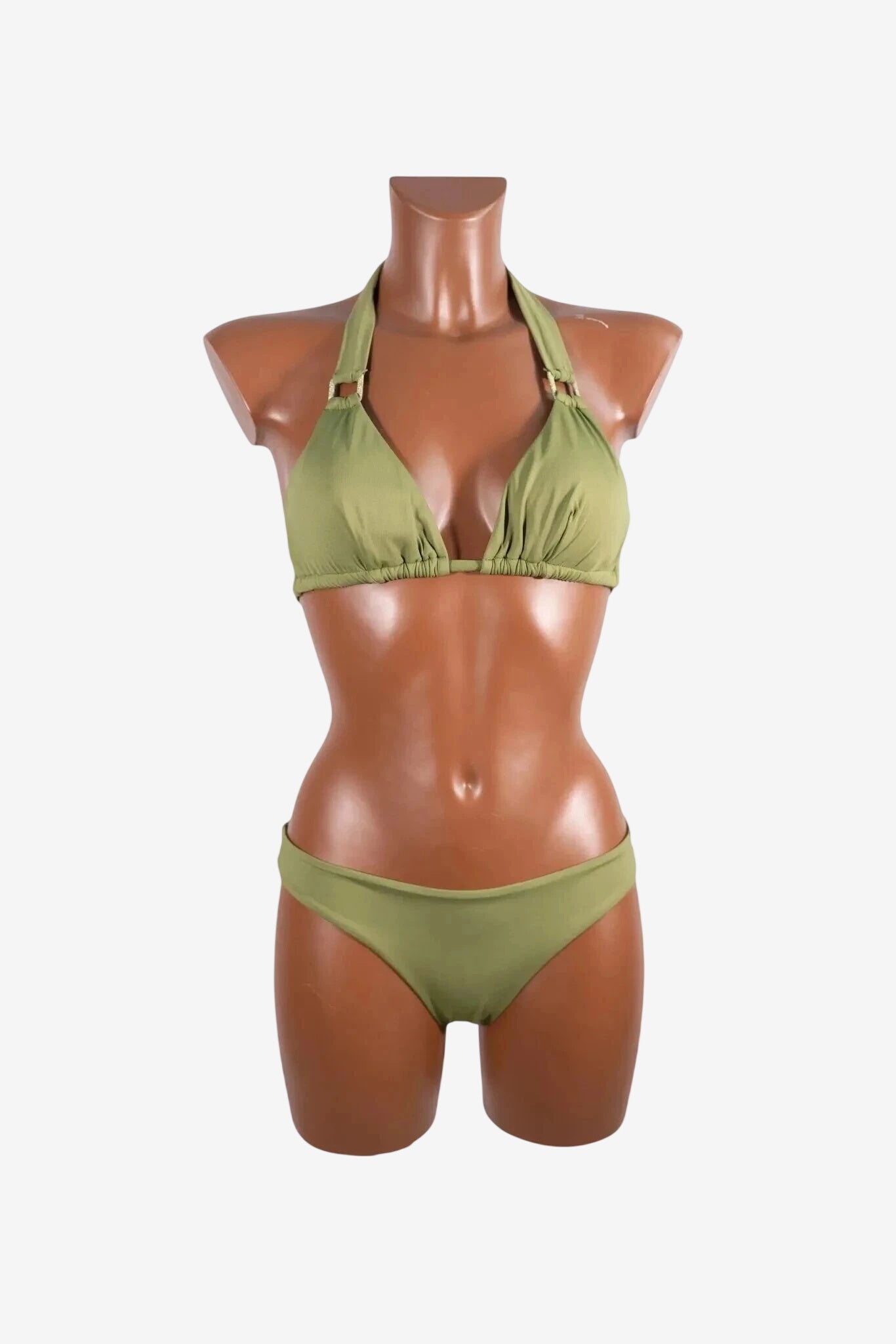 Bikini a triangolo da donna color verde militare con slip coordinato su manichino.