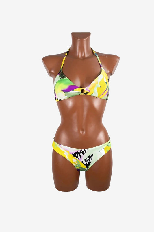 Bikini bralette Marette da donna con fantasia astratta nei toni del lime, giallo e viola.
