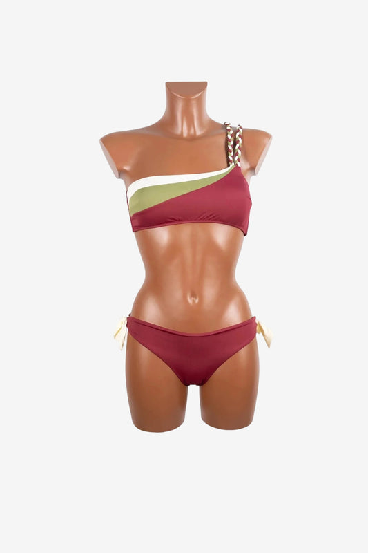Bikini monospalla da donna Marette tricolore con top asimmetrico e slip con laccetti laterali.