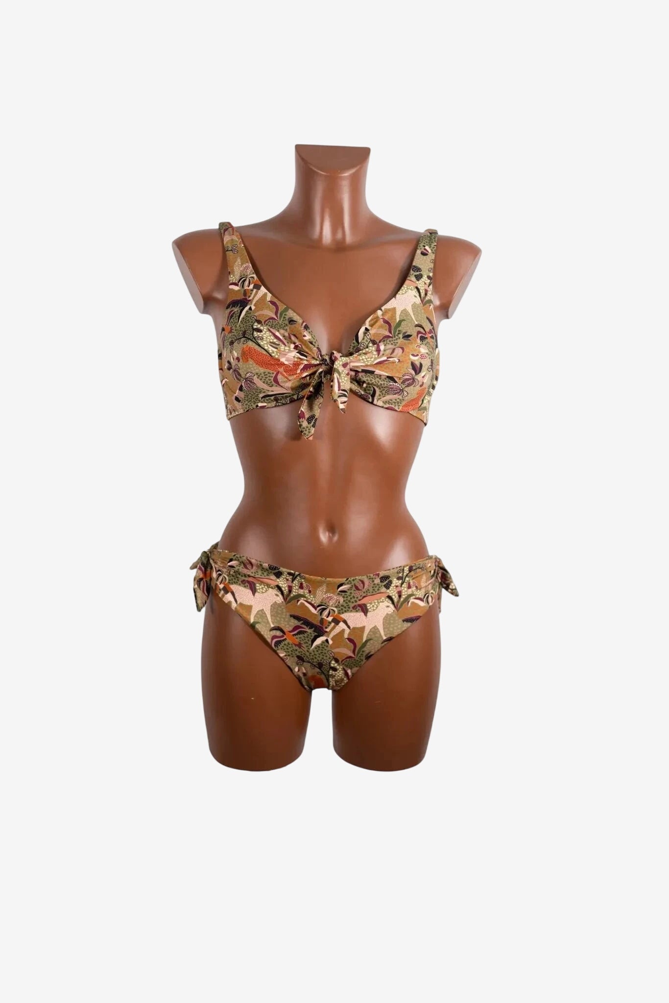 A two-piece bikini with a tie-front top and side-tie bottoms in a tan animal print pattern.