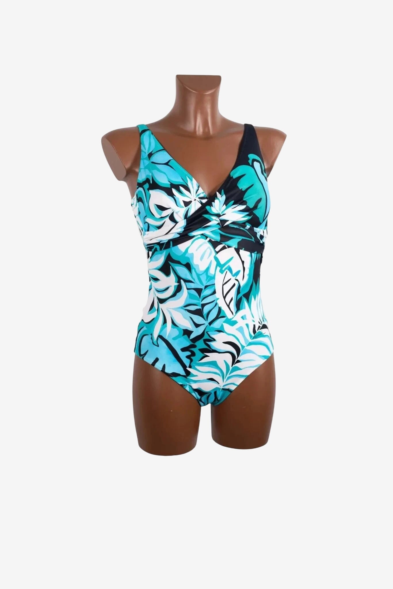 Costume intero Roidal con scollo a incrocio e stampa tropicale nei toni del turchese e nero.