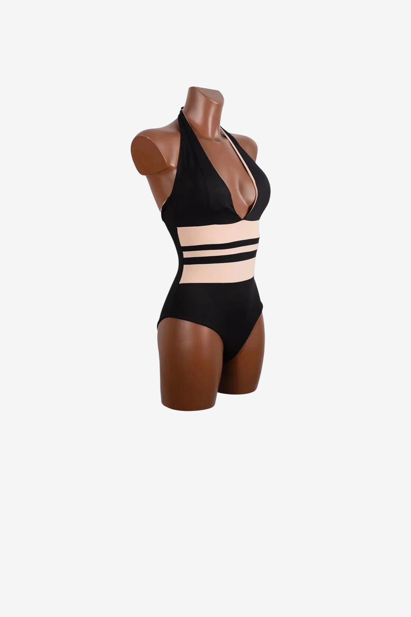 Costume intero nero con scollo all'americana e inserti a righe color carne sul girovita.