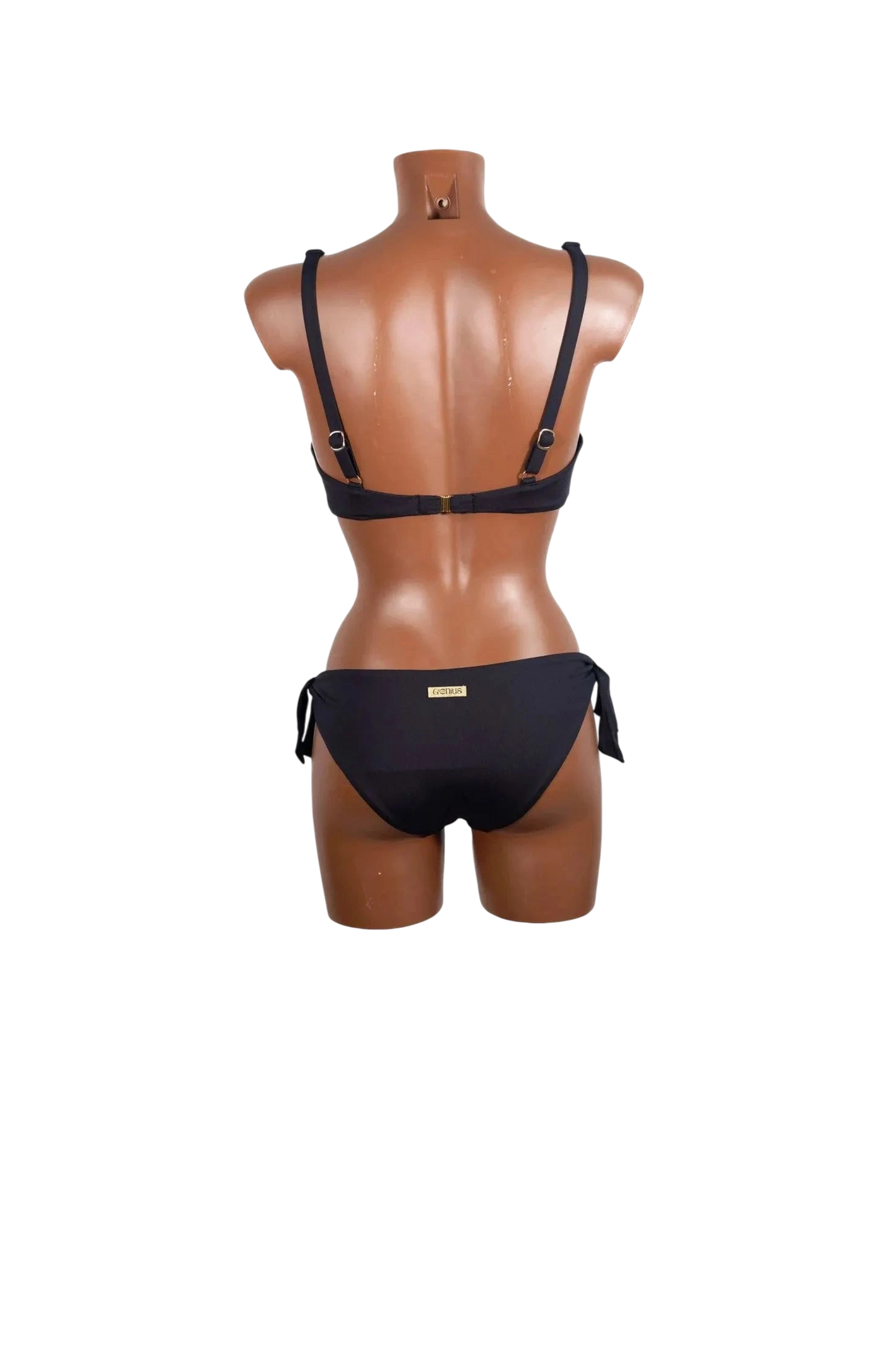 Bikini nero con ferretto e spalline regolabili indossato da un manichino visto da dietro.