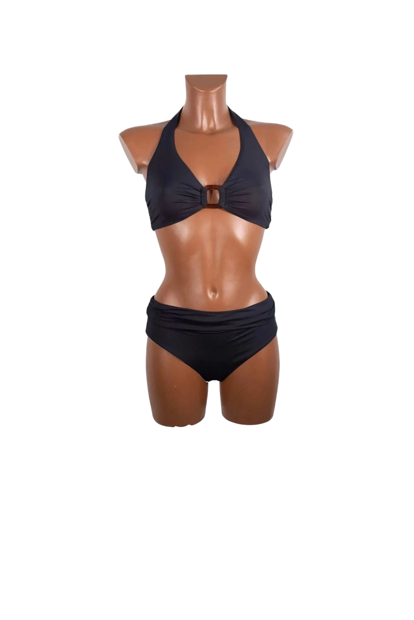 Bikini a vela nero da donna con dettaglio ad anello centrale sul top e slip a vita bassa.