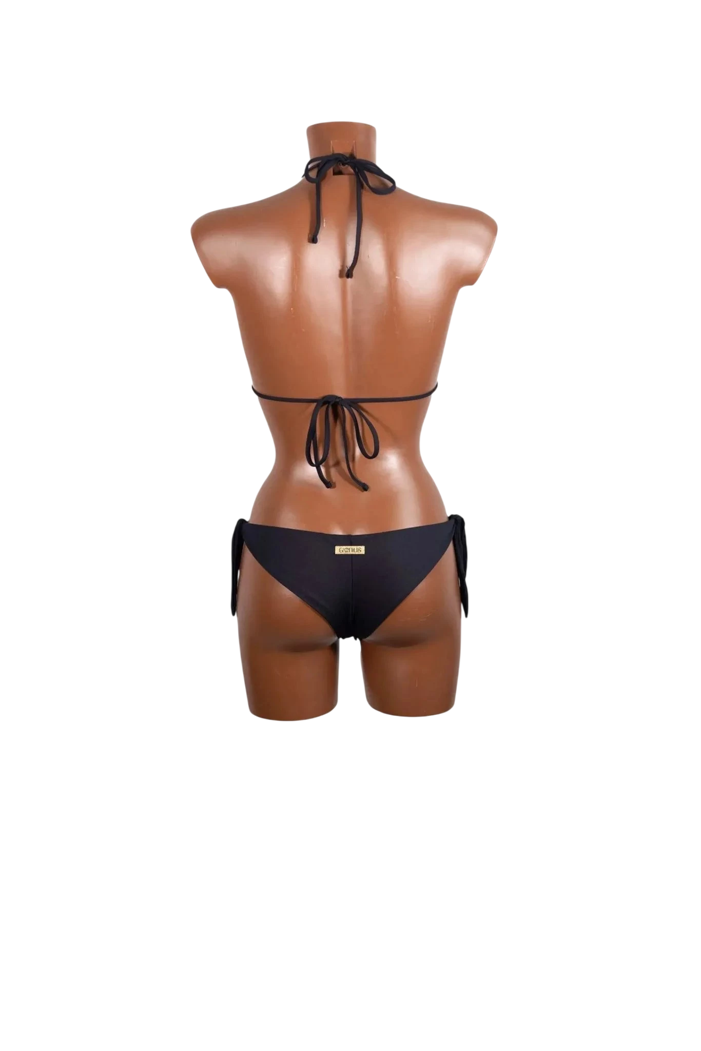 A black triangle bikini set shown from the back on a mannequin.