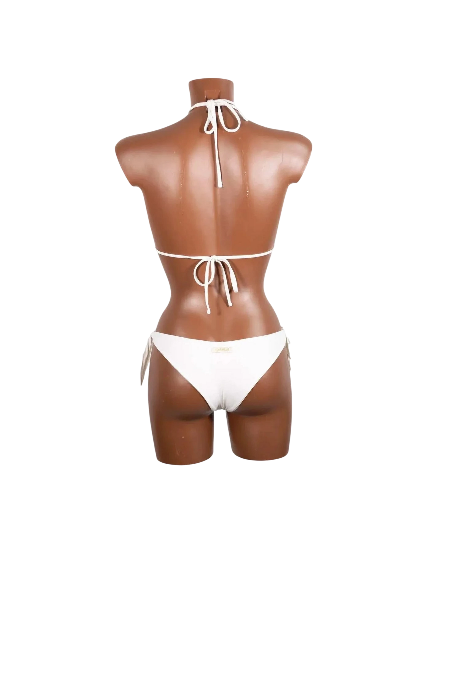 A white triangle bikini set shown from the back on a mannequin.