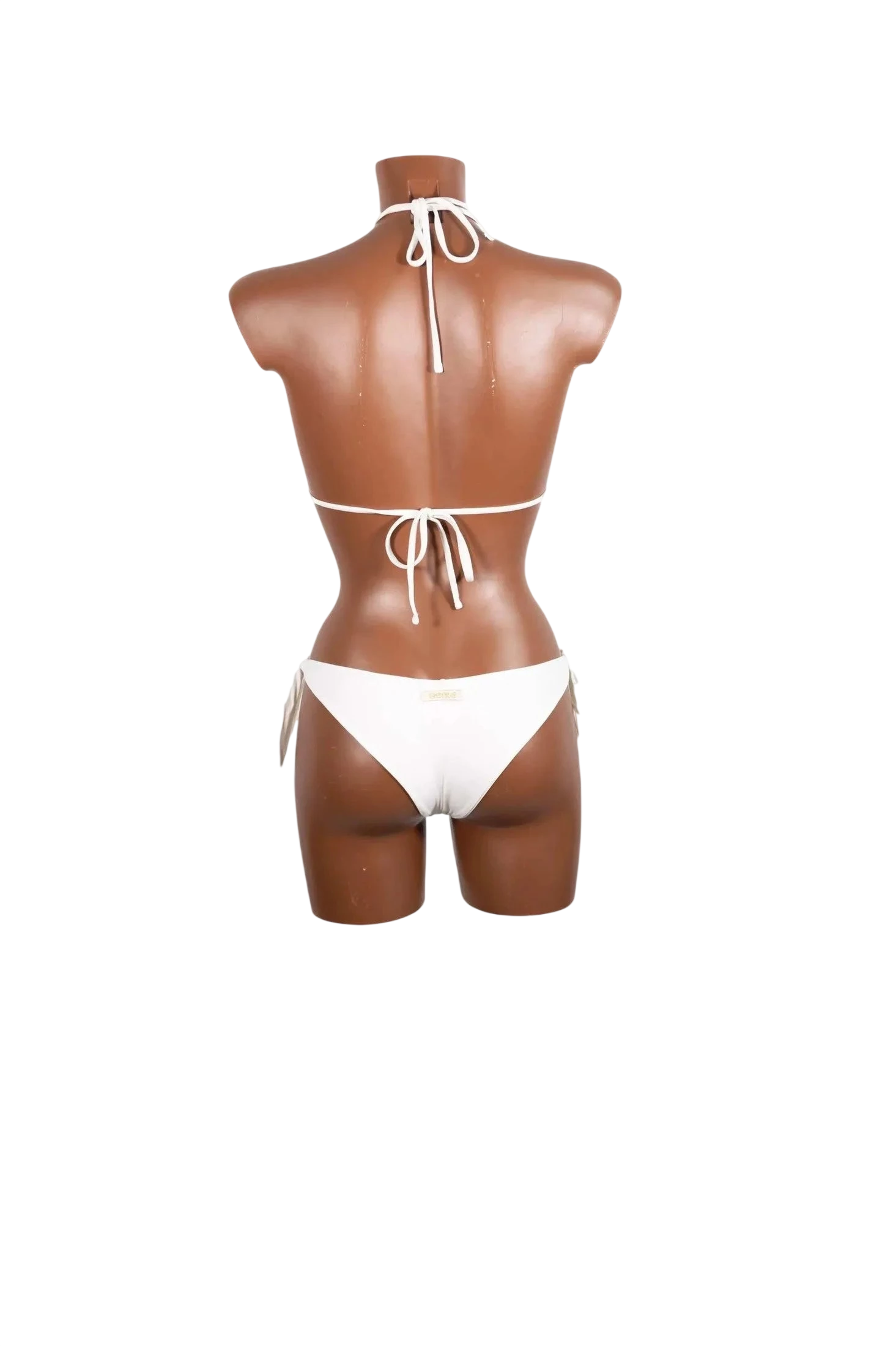 A white triangle bikini set shown from the back on a mannequin.