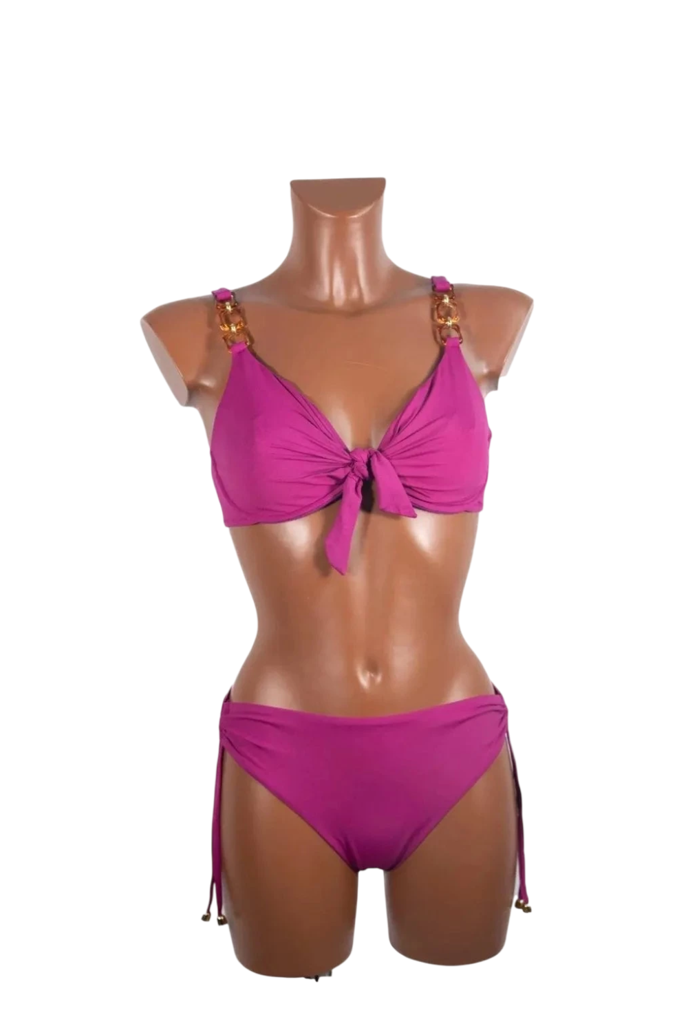 A magenta underwire bikini set featuring gold chain strap details and a front tie closure.