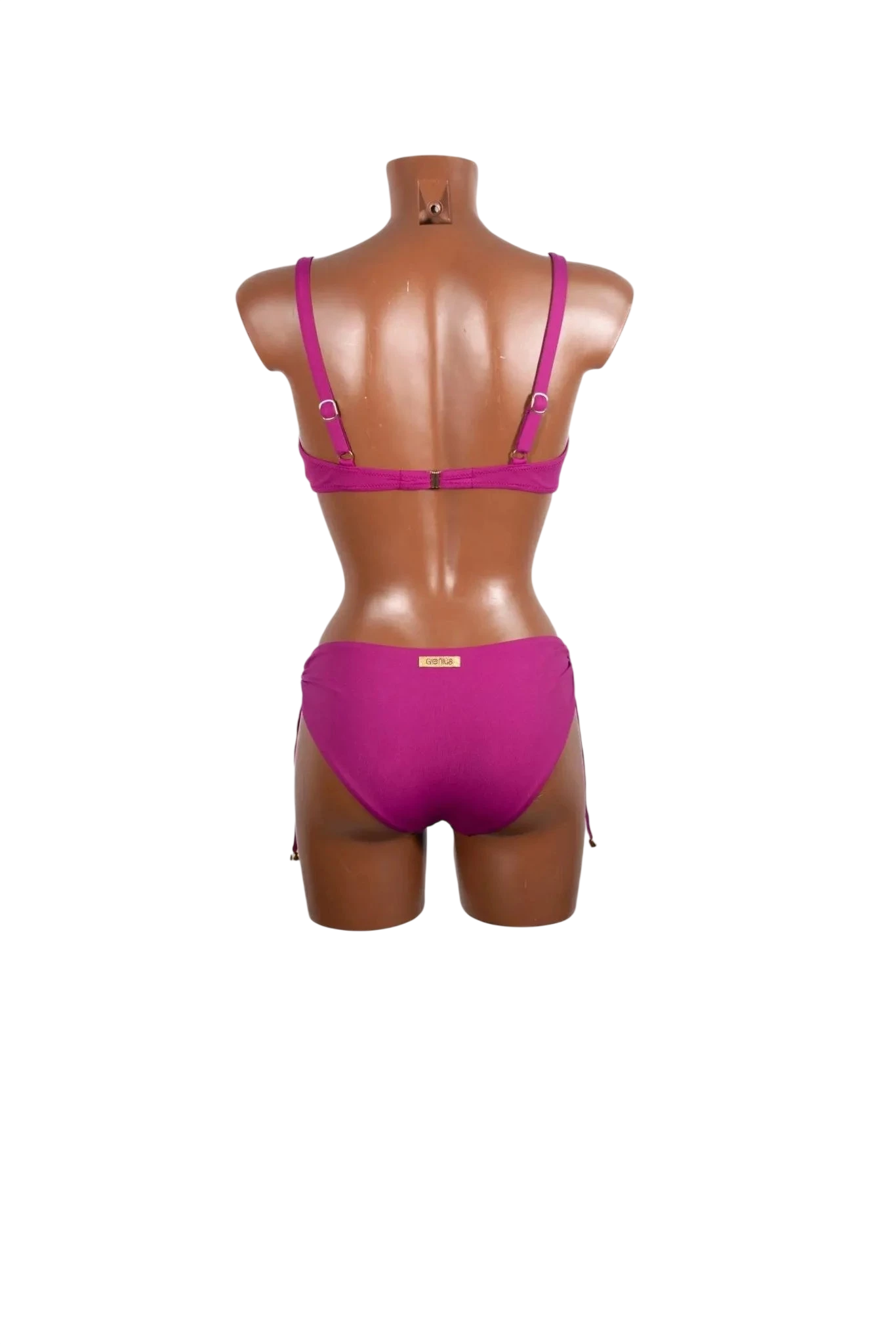 A magenta bikini set with an underwire top and tie-side bottoms shown from the back on a mannequin.