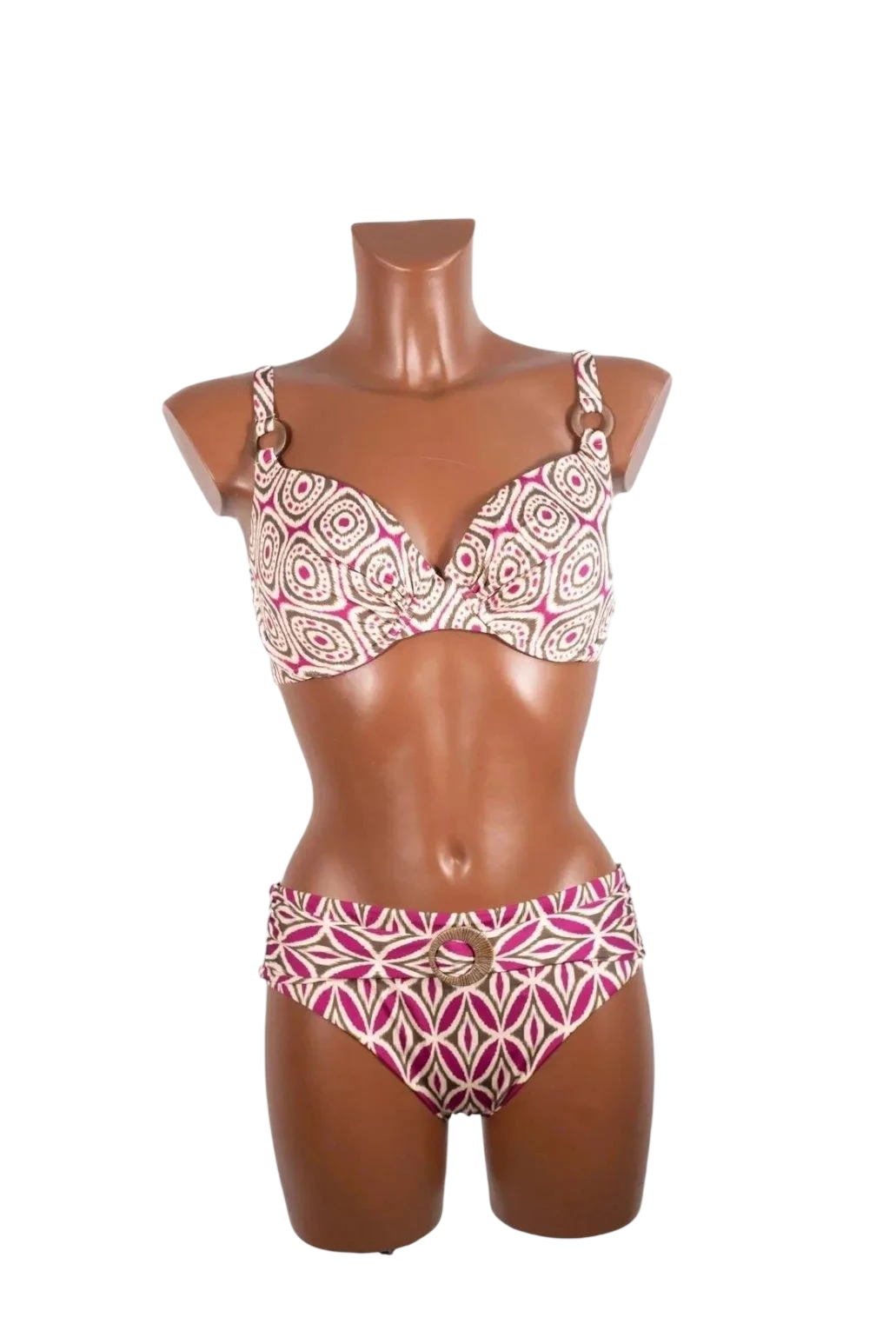 A two-piece bikini with a pink and white geometric pattern and decorative ring accents.
