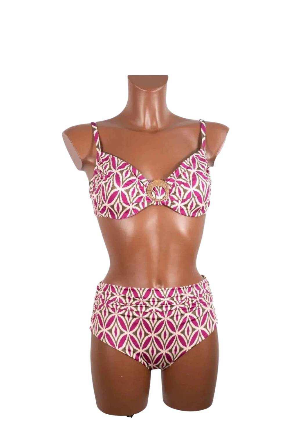 Bikini con ferretto caratterizzato da un motivo geometrico rosa e beige su un manichino.