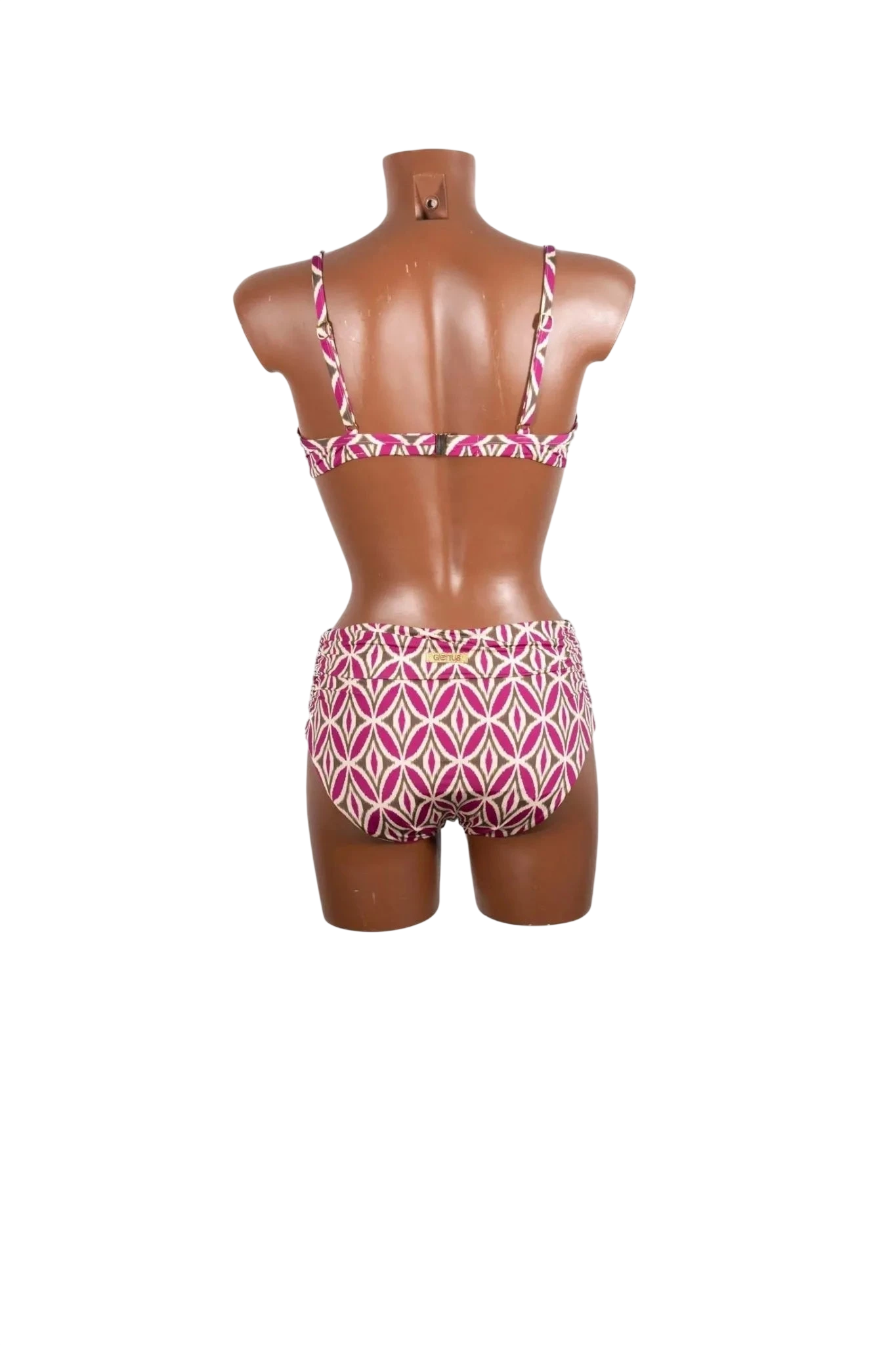 Bikini Genius con ferretto caratterizzato da un motivo geometrico nei toni del fucsia e beige.