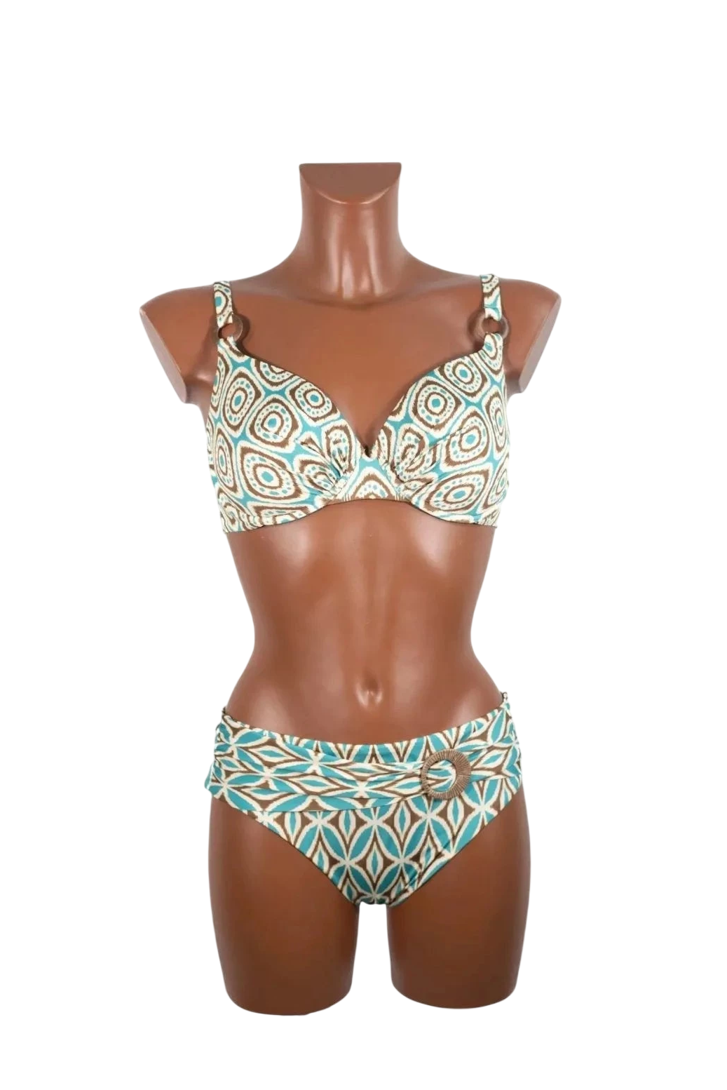 A turquoise and brown patterned bikini set with a decorative ring detail on the bottoms.