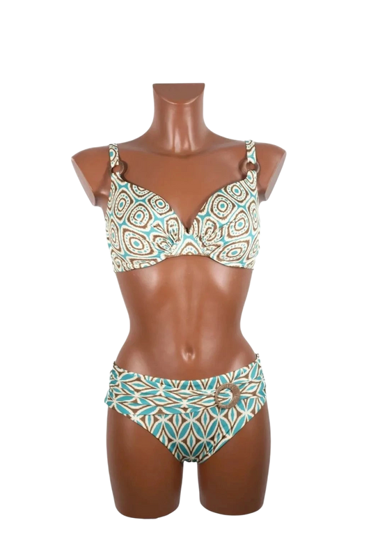 A turquoise and brown patterned bikini set with a decorative ring detail on the bottoms.