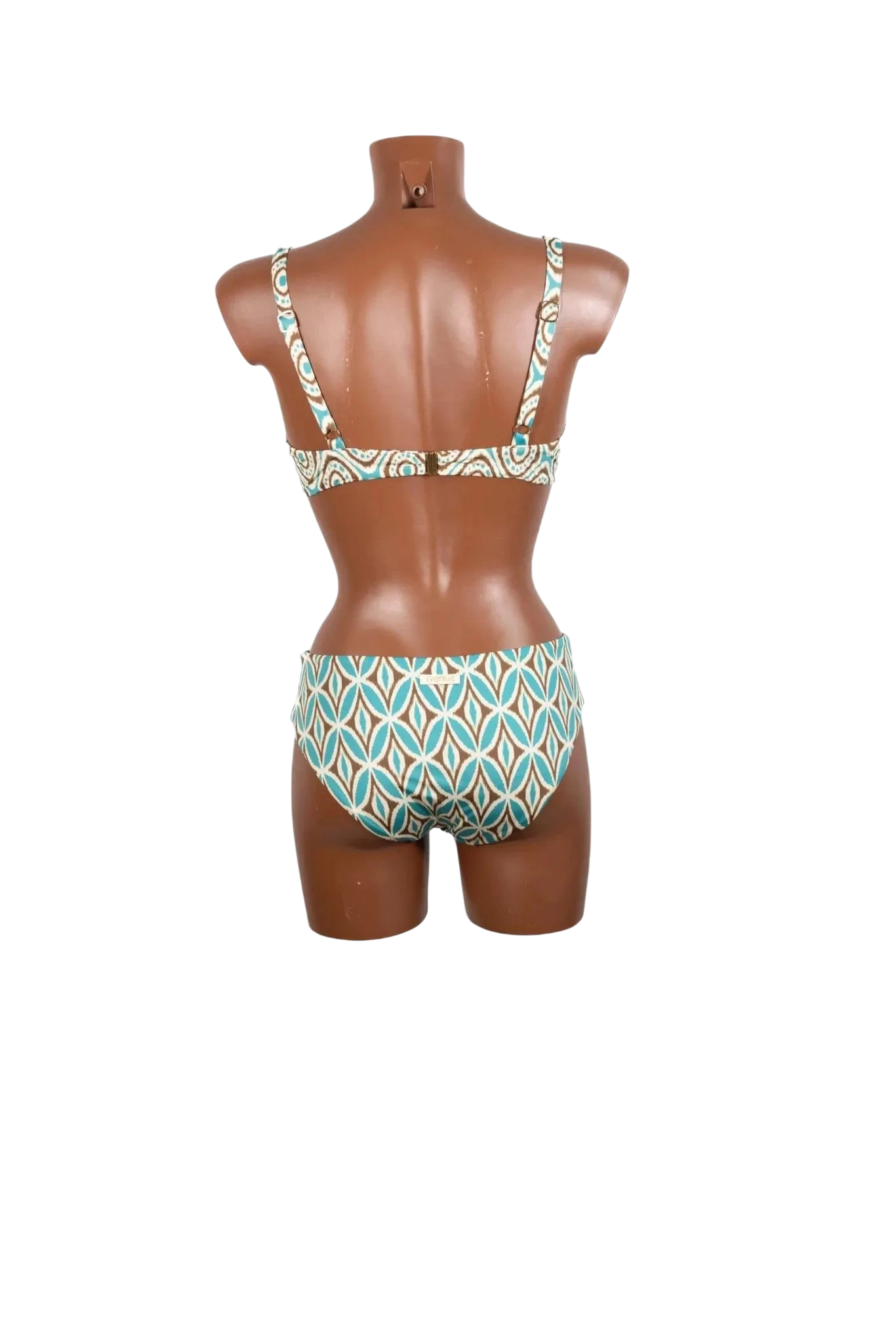 A back view of a bikini set featuring a teal and brown geometric pattern on a mannequin.