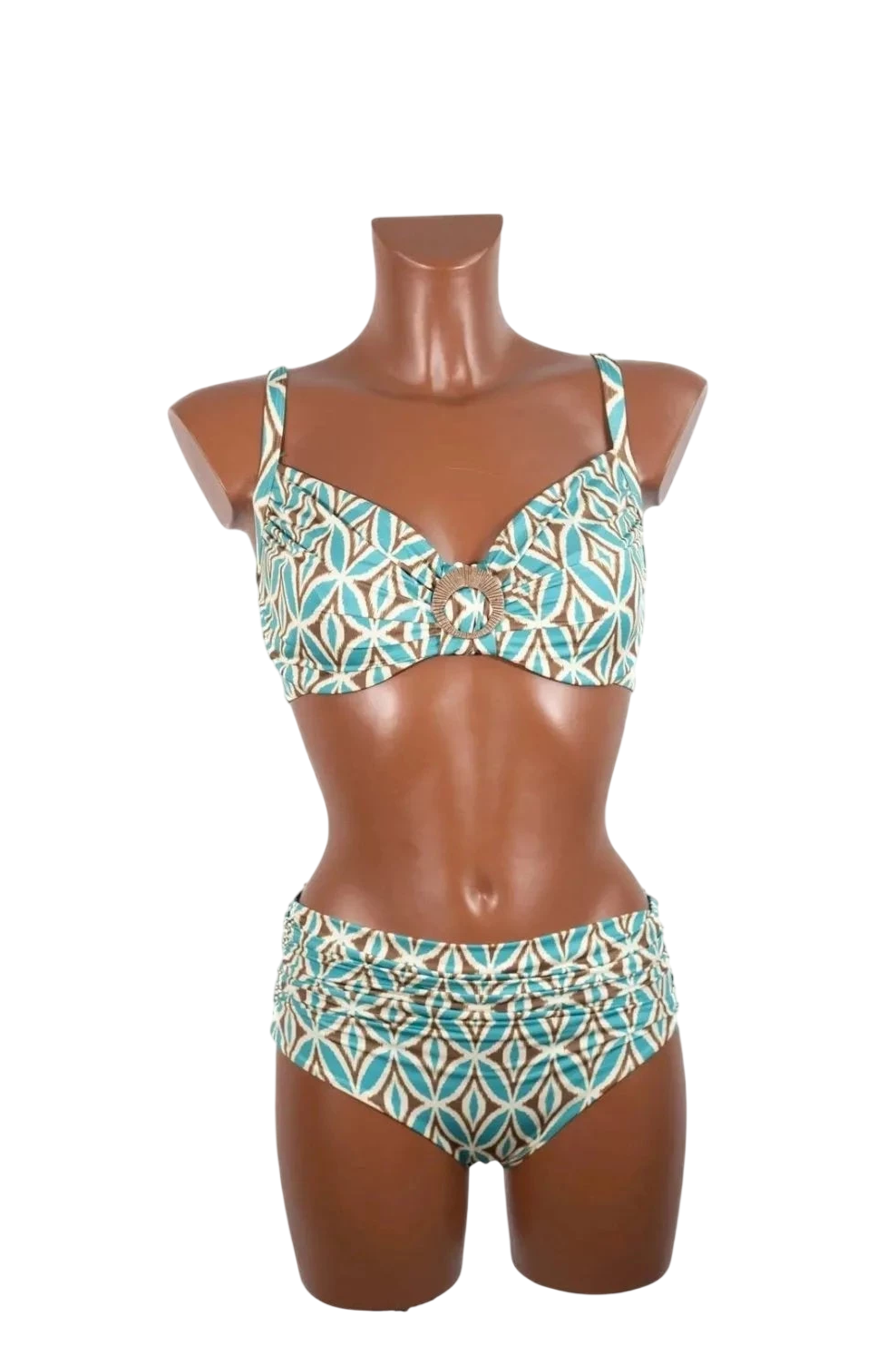 Bikini con ferretto e coppa D caratterizzato da una fantasia geometrica nei toni del blu e beige.