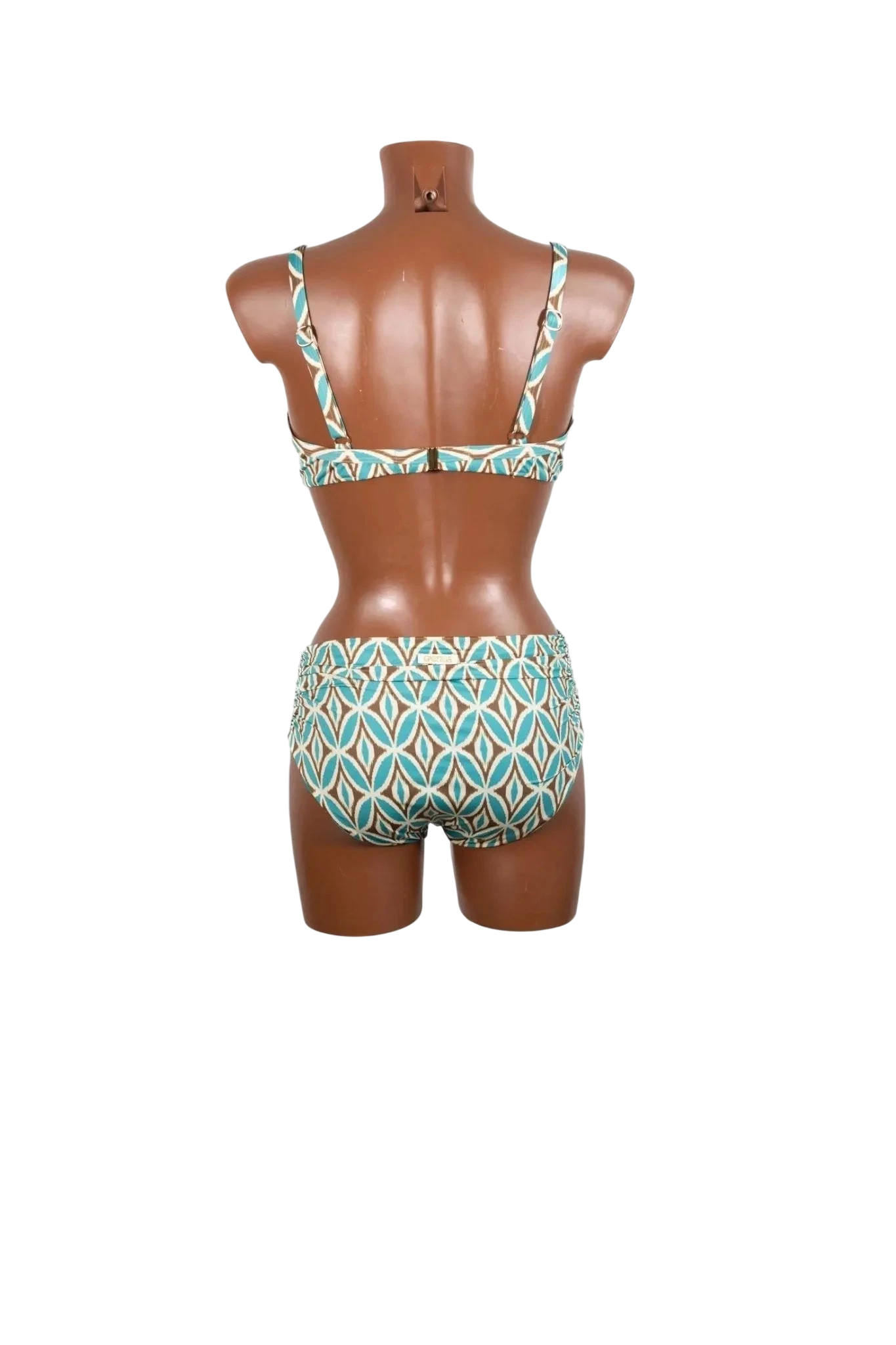 Bikini Genius con ferretto e coppa D caratterizzato da una fantasia geometrica turchese e marrone.