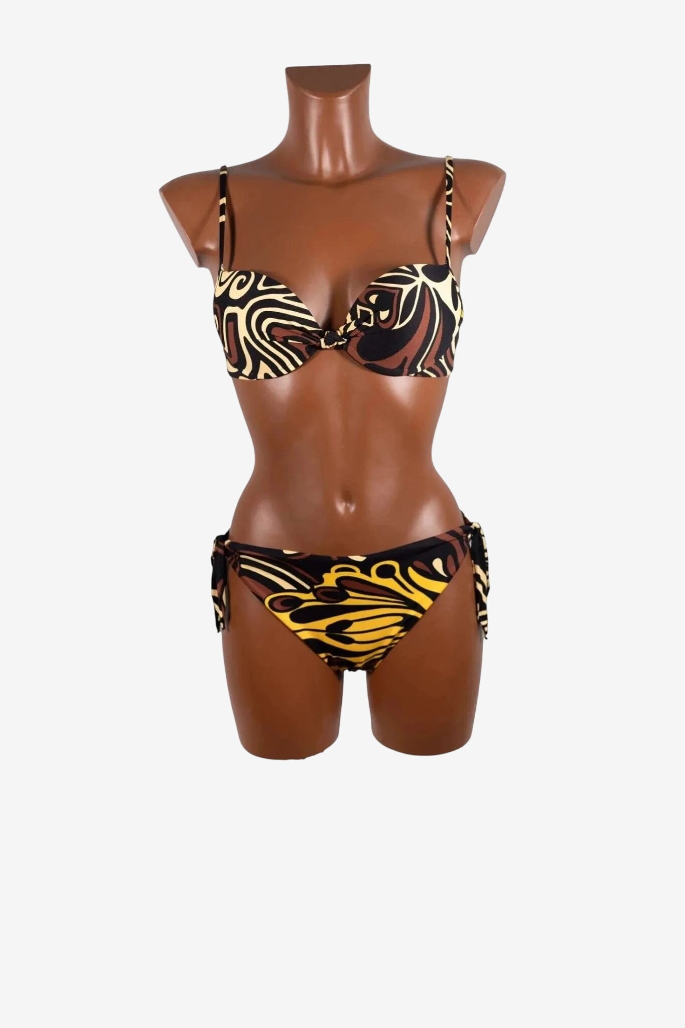 Bikini push-up Miss Bikini con fantasia Africa marrone su manichino.
