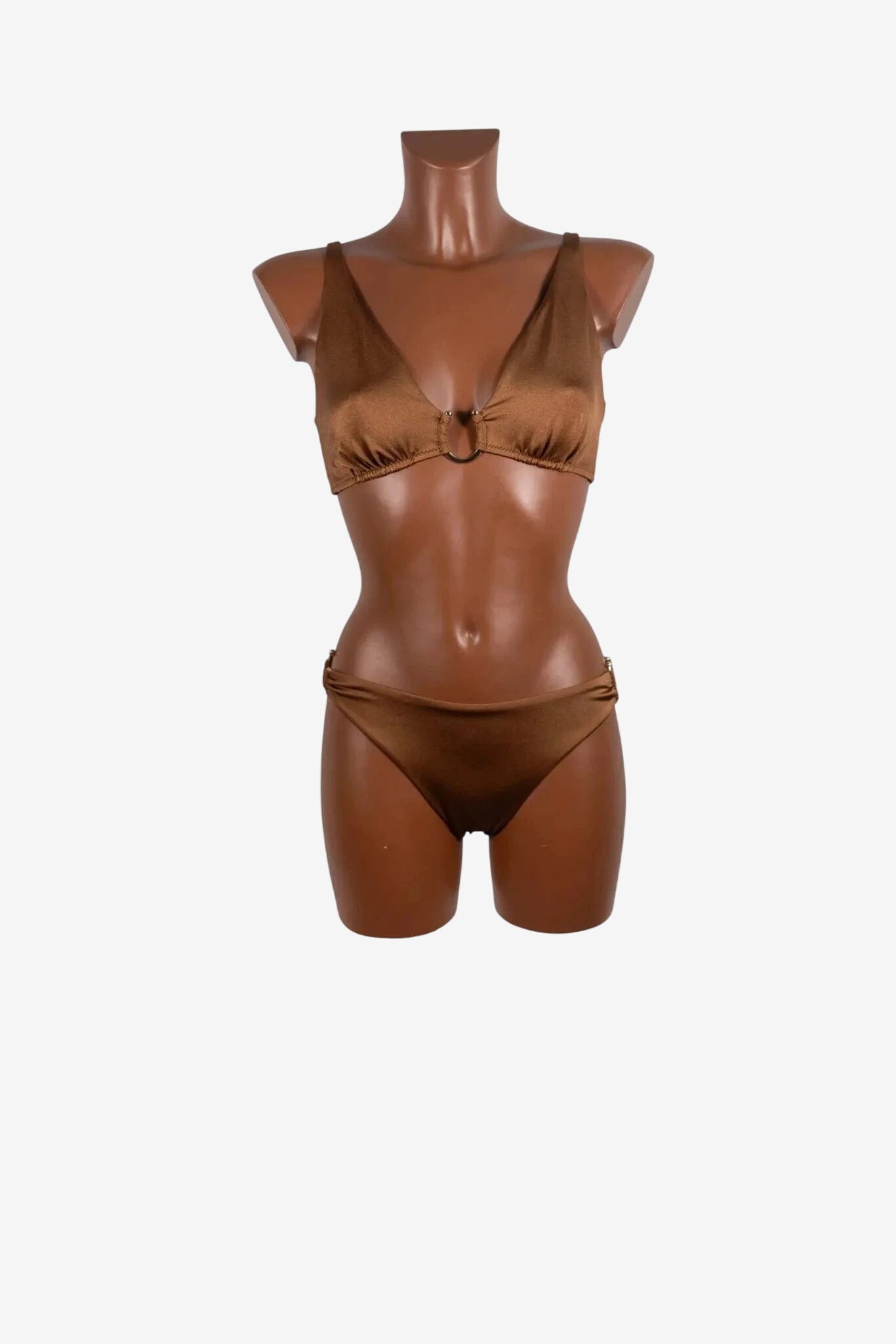 A metallic bronze bikini set featuring a triangle top with a center ring detail on a mannequin.
