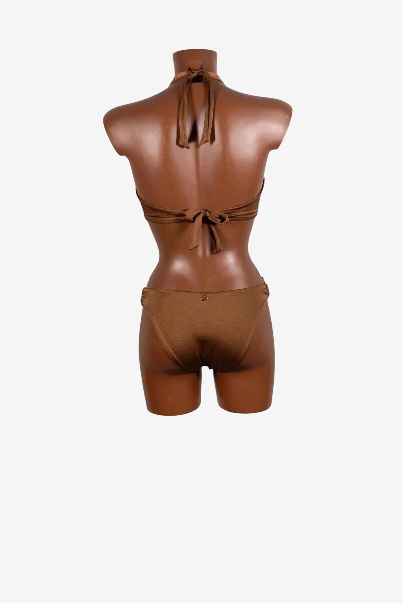 A brown bikini set shown from the back on a mannequin.
