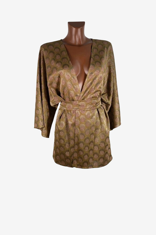 A metallic gold and bronze patterned kimono with wide sleeves and a matching waist tie.