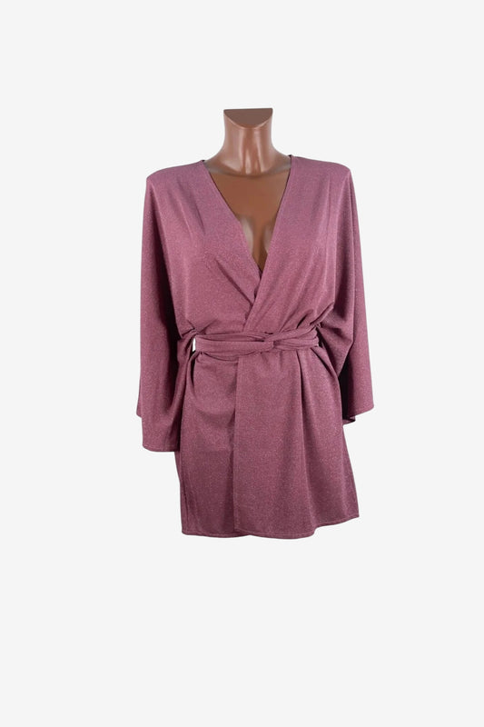 A mauve, shimmering kimono-style top with long sleeves and a wrap-around waist tie.