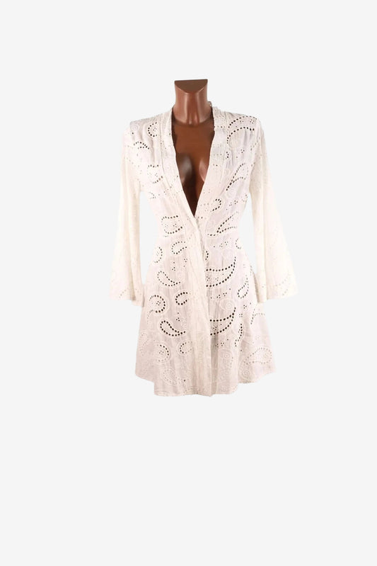 White cotton eyelet kimono with long sleeves and a paisley pattern.