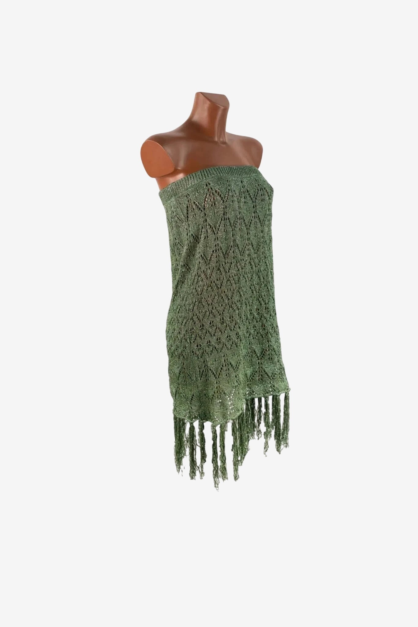 Gonna bikini Mi.Ma in lurex verde con lavorazione a maglia traforata e orlo sfrangiato.