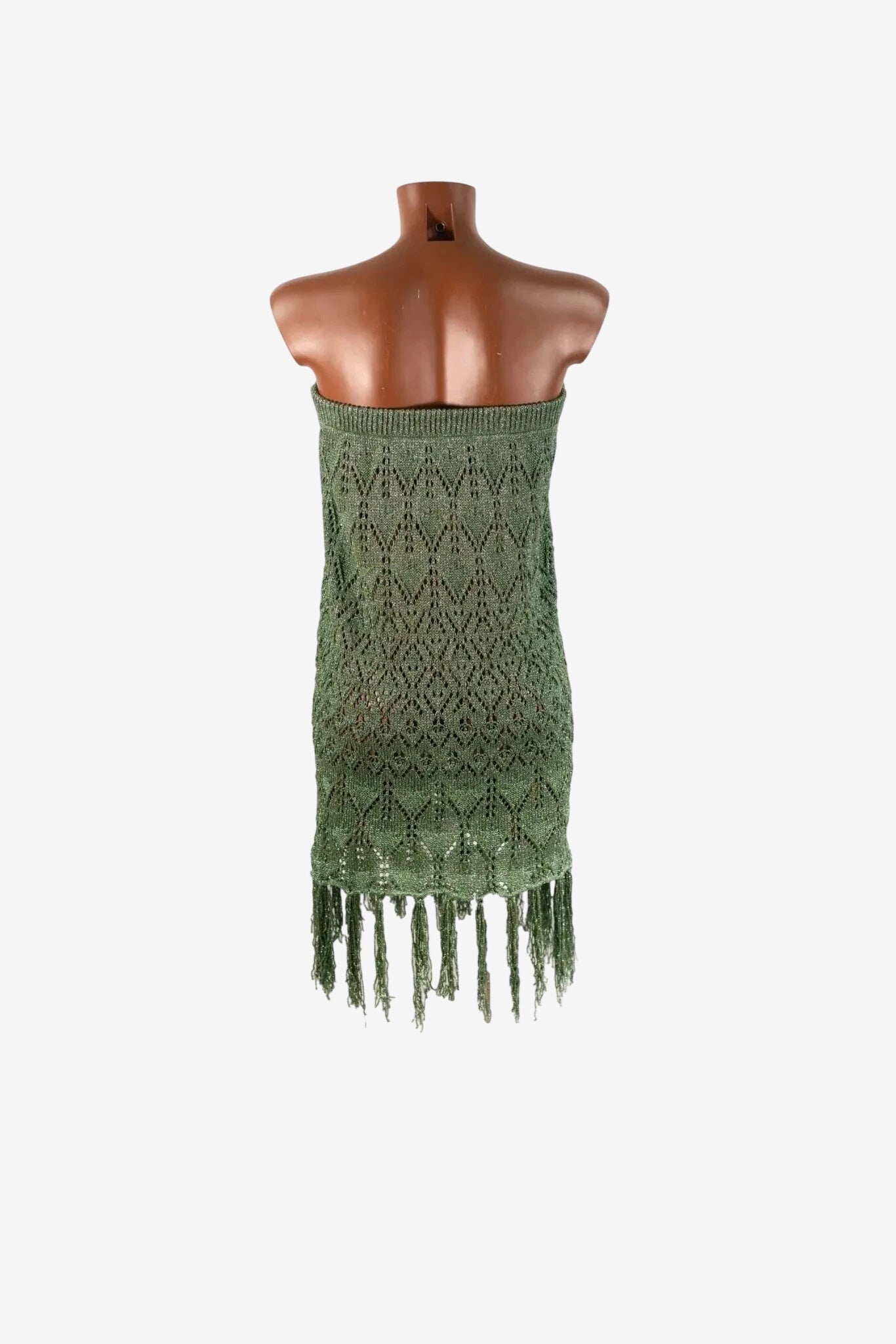Gonna bikini Mi.Ma in lurex verde con lavorazione a maglia traforata e orlo sfrangiato.
