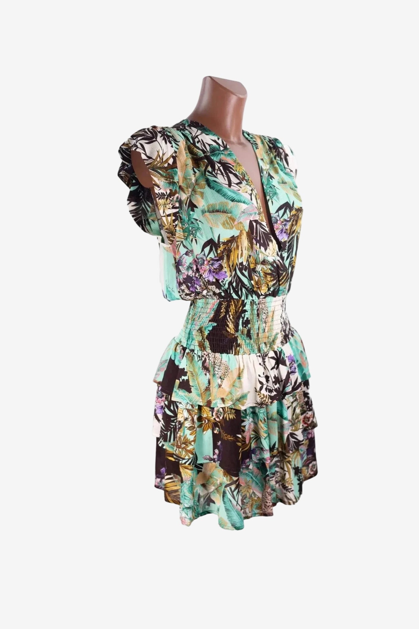 Abito corto Miss Bikini con stampa tropicale, scollo a V e vita elasticizzata.