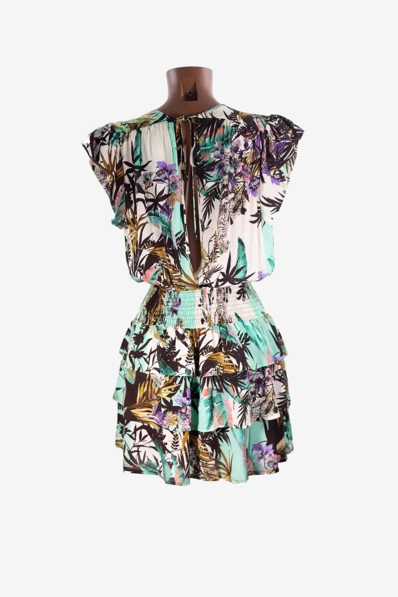 Abito corto Miss Bikini con stampa tropicale, maniche ad aletta e vita elasticizzata arricciata.