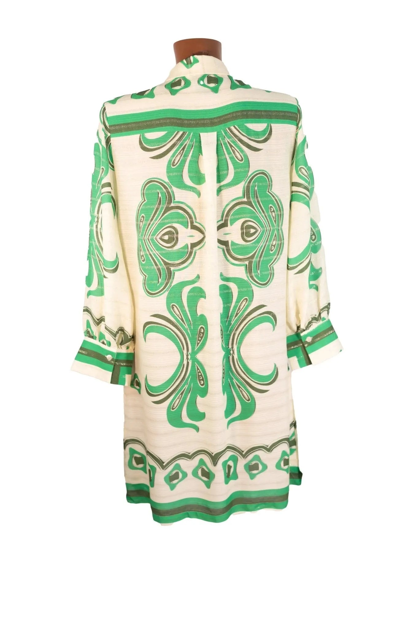 Camicione Olivia Gold in viscosa color crema con una vivace fantasia geometrica verde.