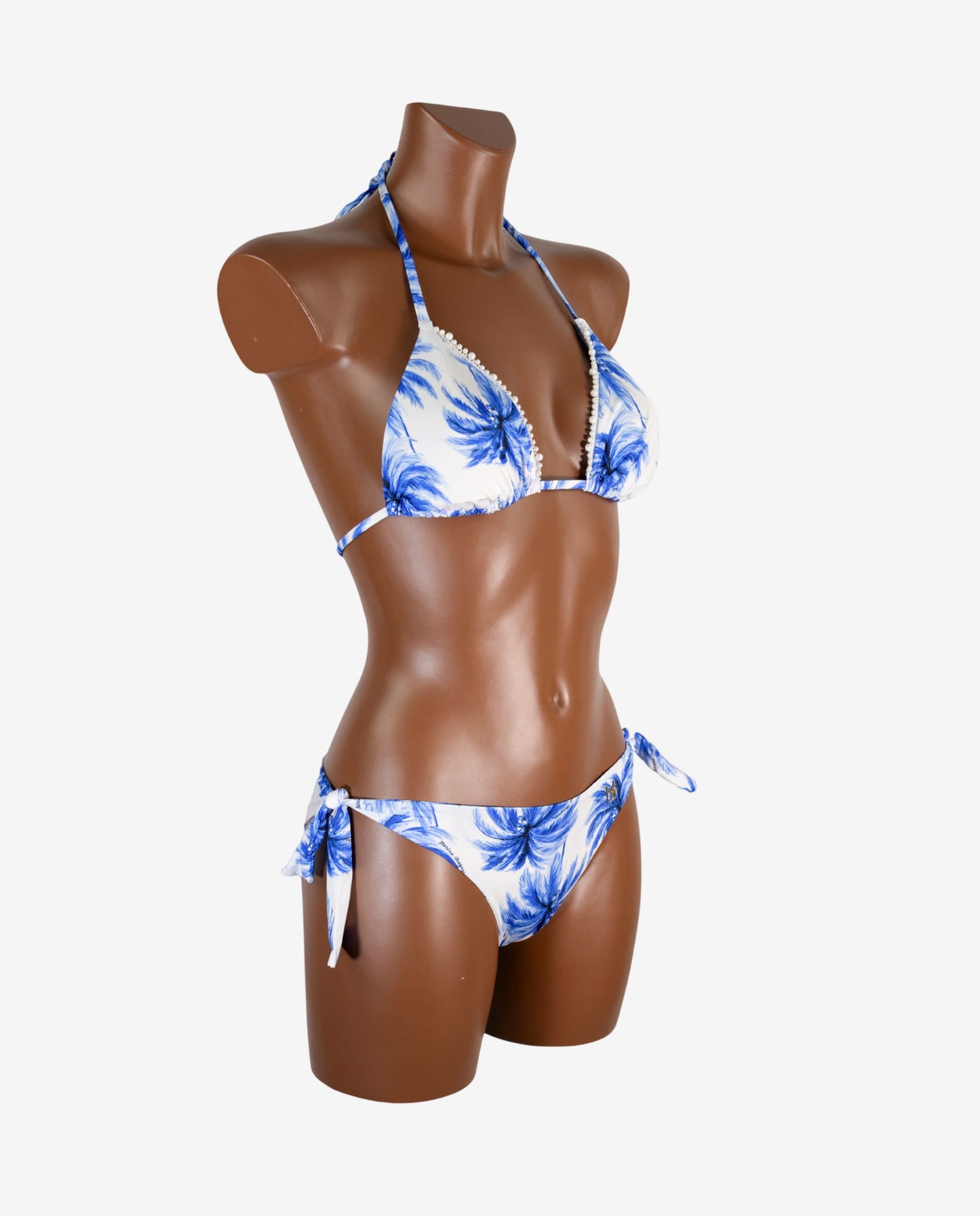 Bikini Triangolo Fantasia Palme Azzurra con Perline — Marina Abagnale