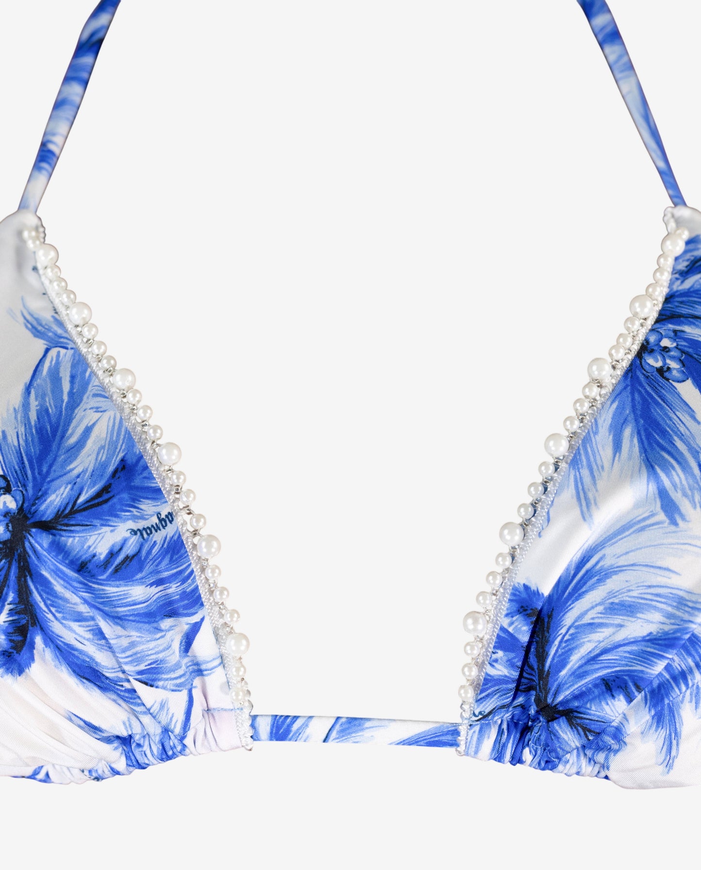 Bikini Triangolo Fantasia Palme Azzurra con Perline — Marina Abagnale
