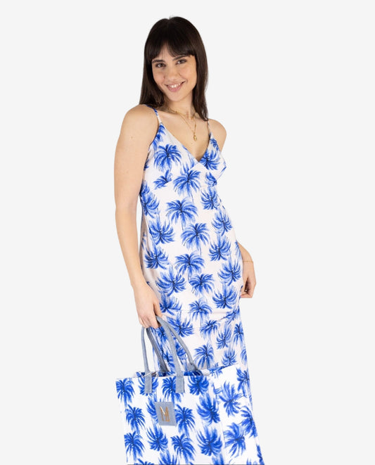 Abito Lungo Maxi Fantasia Palme Azzurra — Marina Abagnale