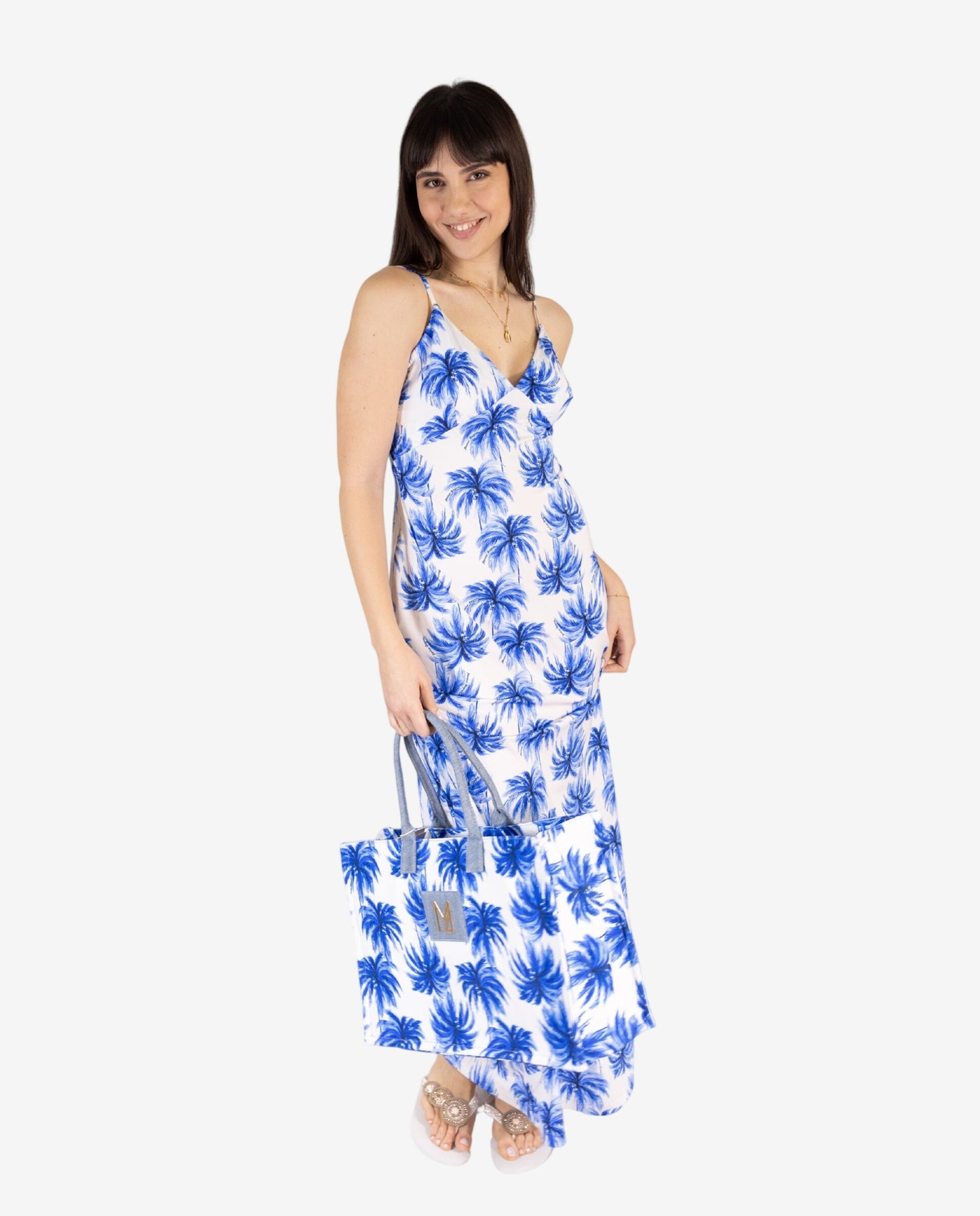 Abito Lungo Maxi Fantasia Palme Azzurra — Marina Abagnale