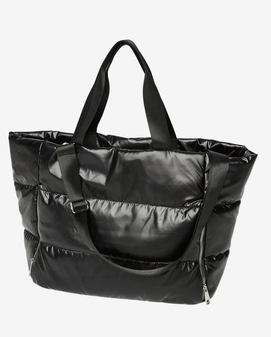 Borsa tote nera imbottita con tracolla regolabile e cerniere laterali.