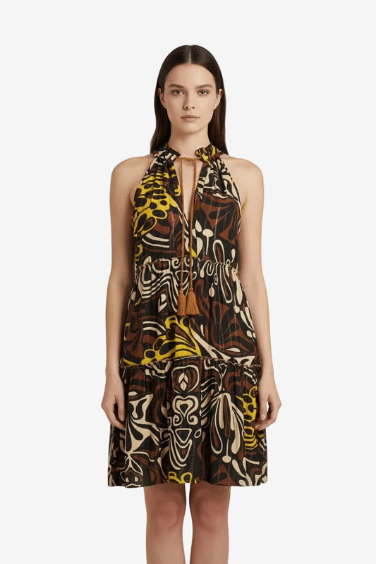 Abito corto Miss Bikini con scollo all'americana, stampa astratta e laccetti con nappe.