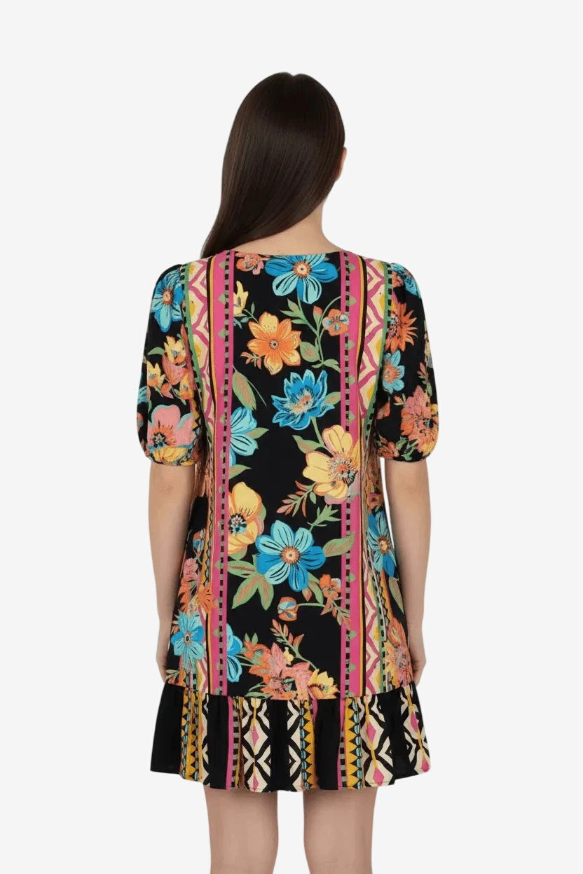 Abito corto Raffaela D'Angelo in viscosa con stampa floreale colorata e maniche corte.
