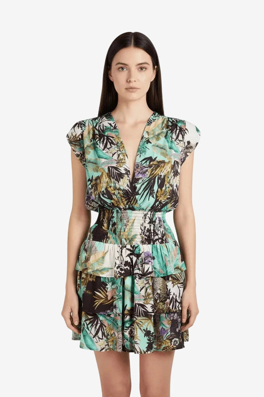 Abito corto Miss Bikini con scollo a V, vita arricciata e stampa tropicale multicolore.