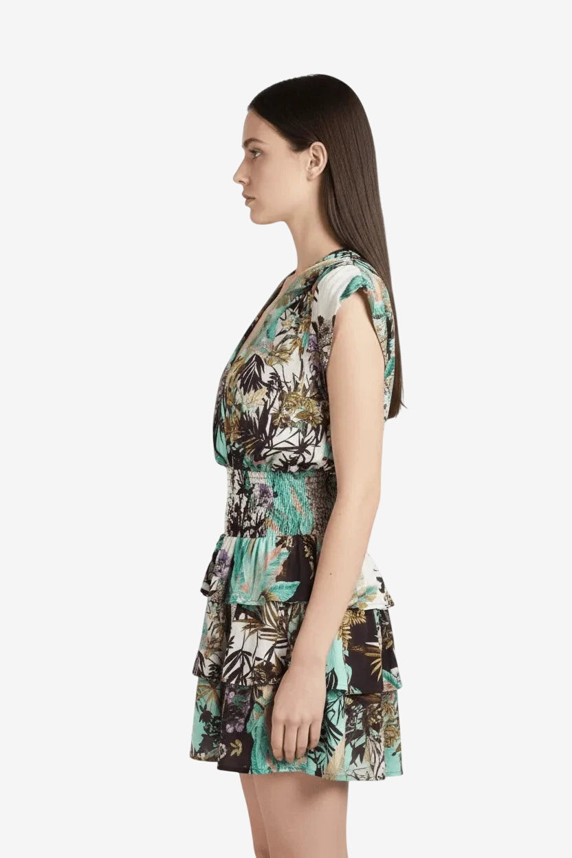 Abito corto Miss Bikini con stampa tropicale, scollo a V e vita elasticizzata.