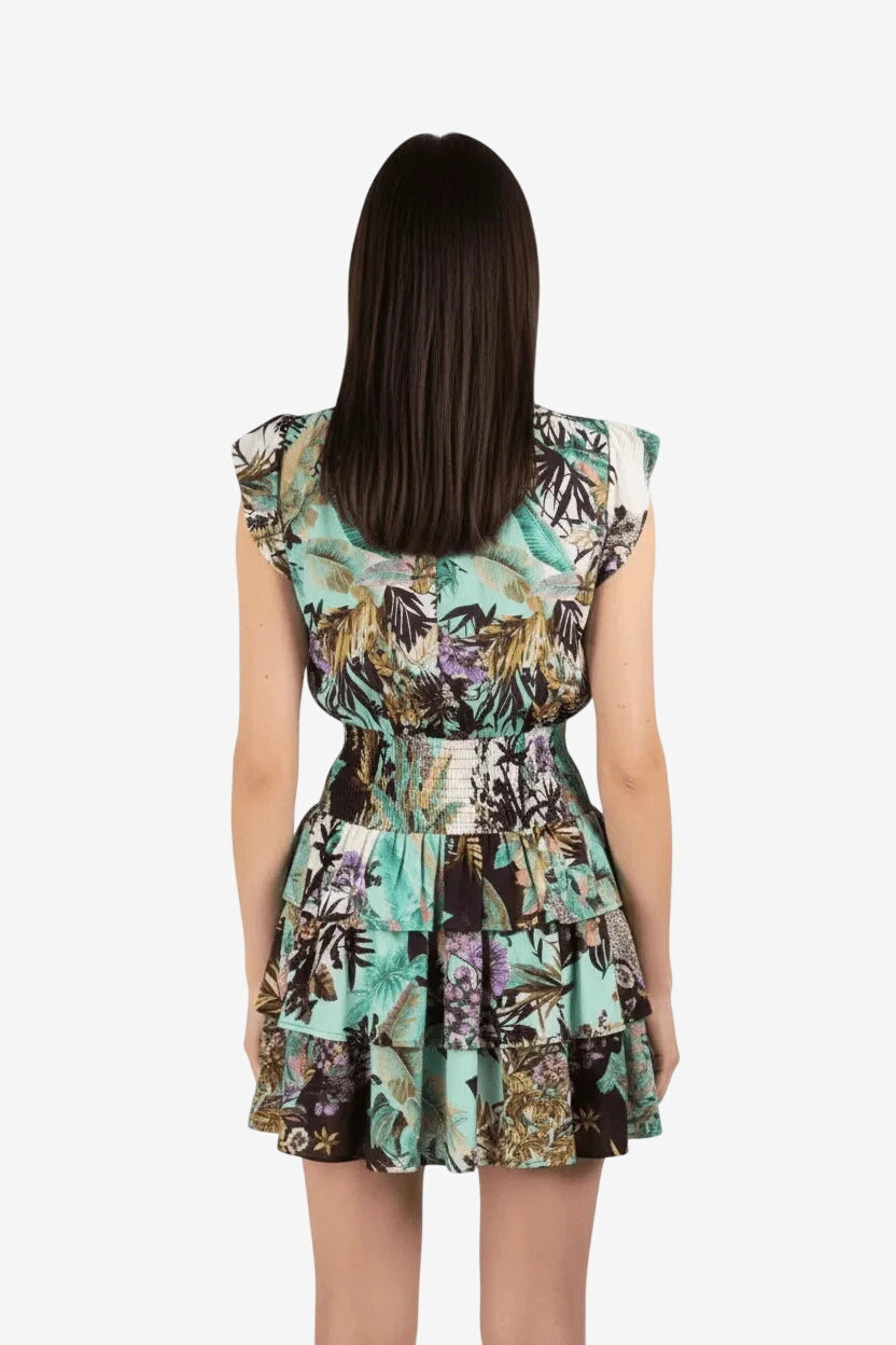 Abito corto Miss Bikini con stampa tropicale, vita arricciata e gonna a balze.