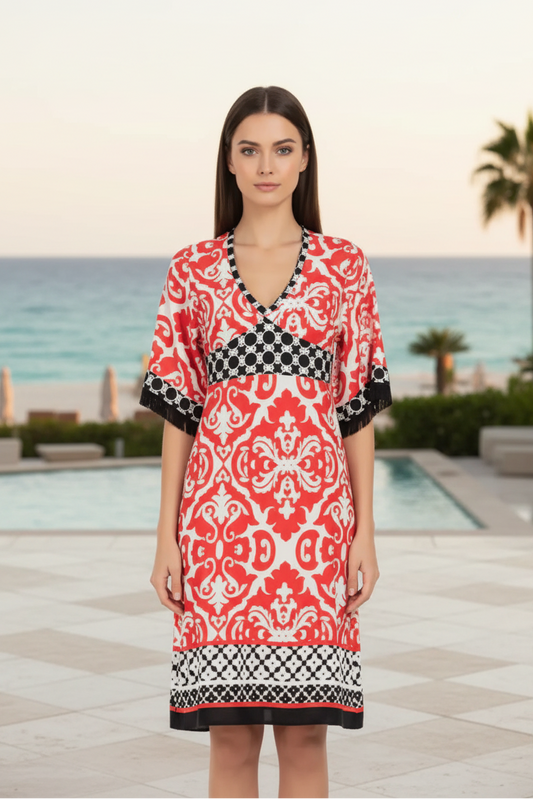 Abito corto barocco rosso nero - editorial beach