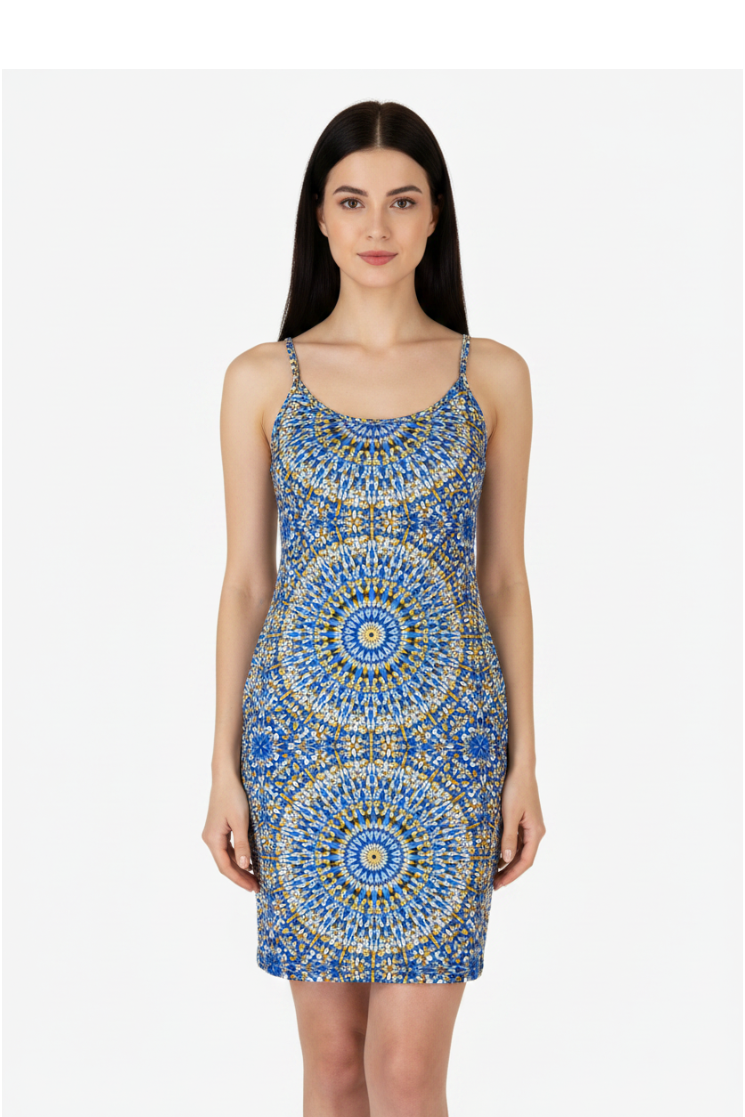 Abito corto mandala azzurro 2Bekini - modella frontale