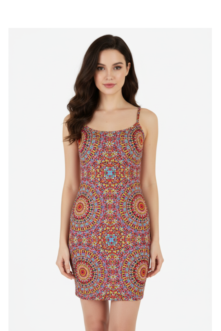 Abito corto mandala multicolor 2Bekini - modella frontale