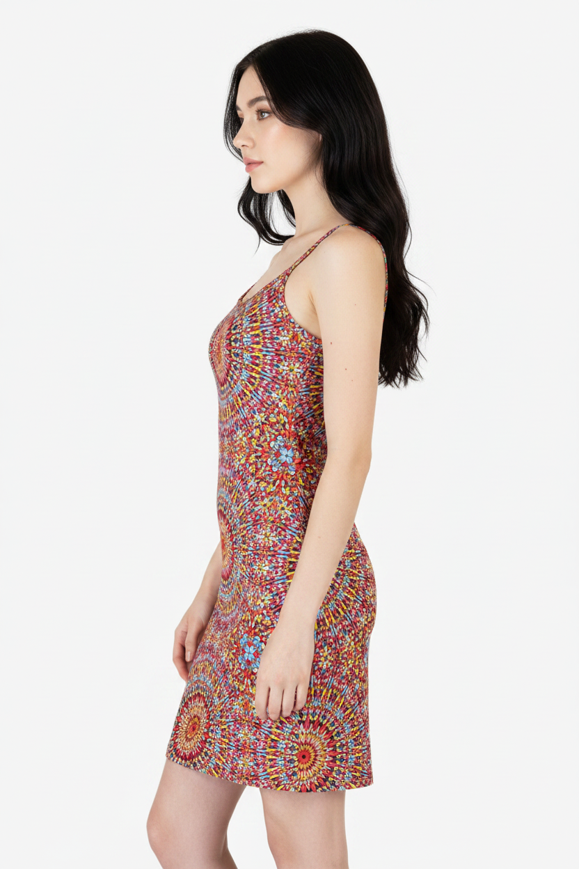Abito corto mandala multicolor 2Bekini - modella laterale