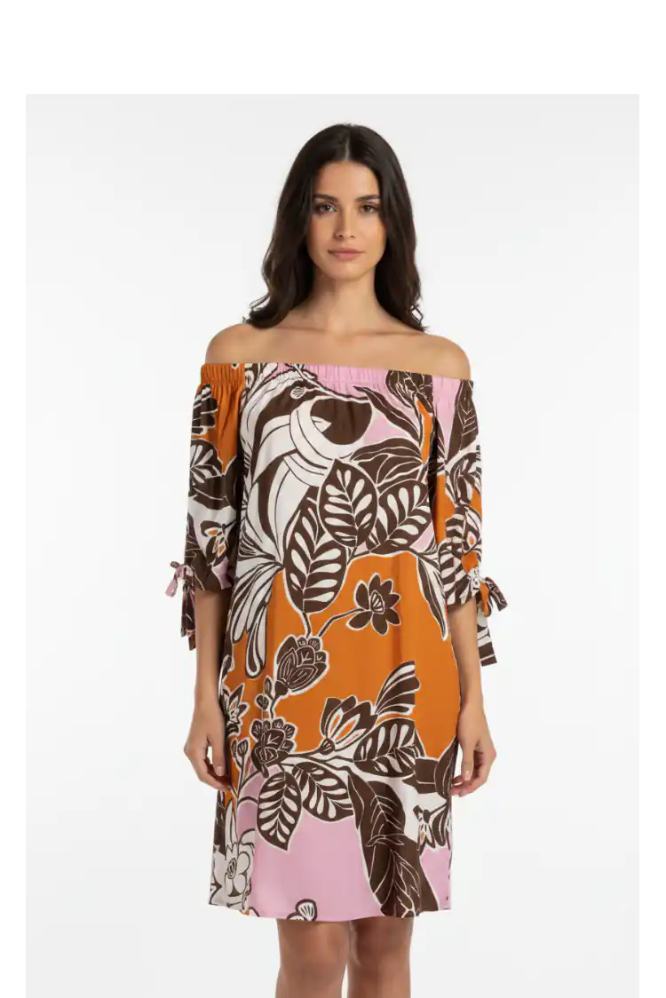 Abito Corto Off-Shoulder Rosa/Arancio