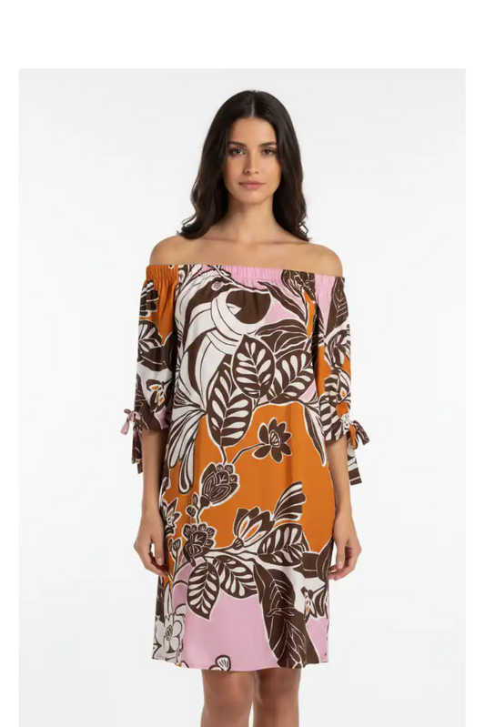 Abito Corto Off-Shoulder Rosa/Arancio